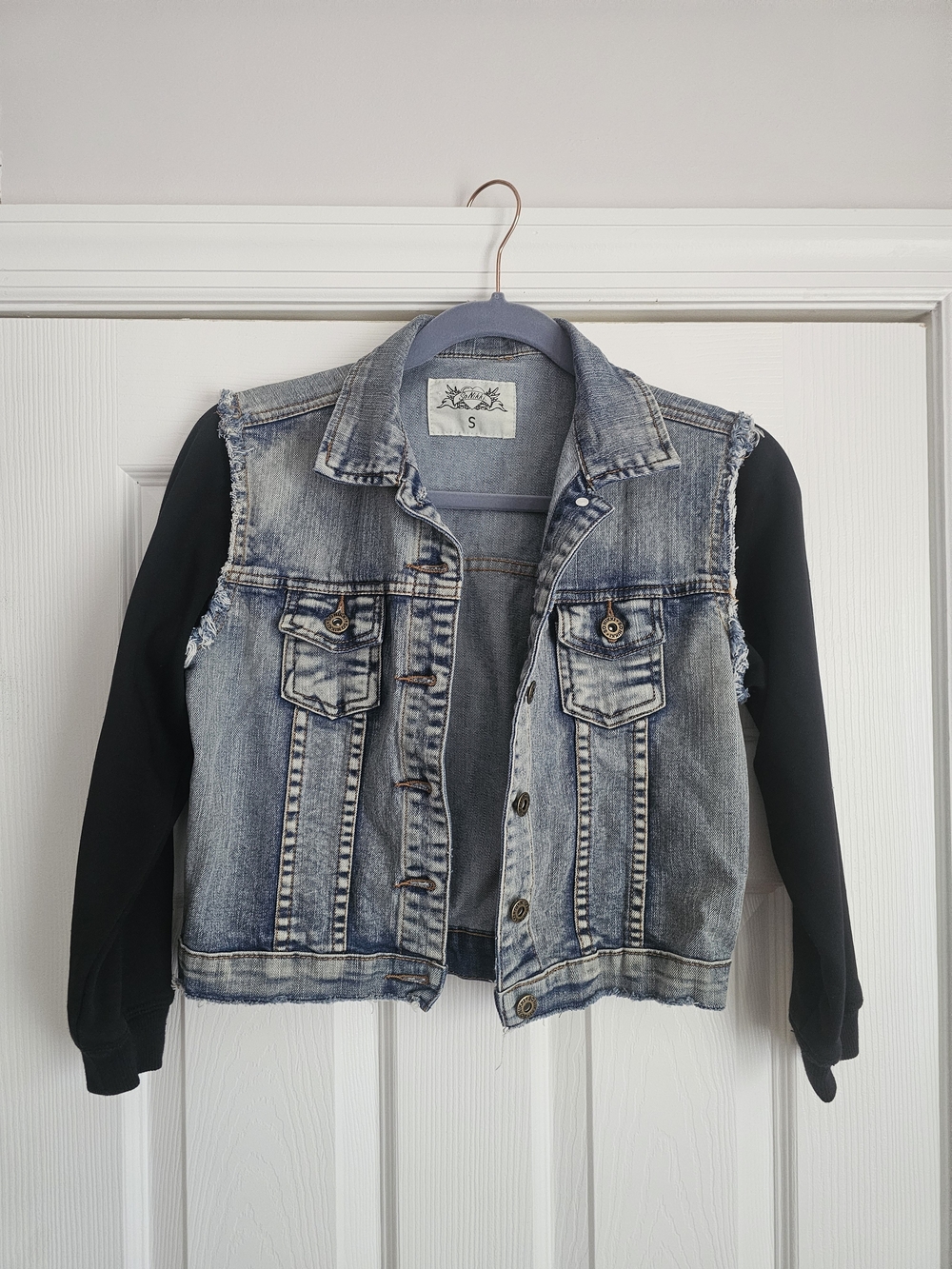 So Nikki Distressed Blue Denim Jacket with Black Sleeves - Kids